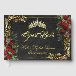 Roses, Tiara & Gold Leaves - Black Gästebuch