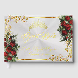Roses, Tiara & Gold Leaves - Pearl White Gästebuch