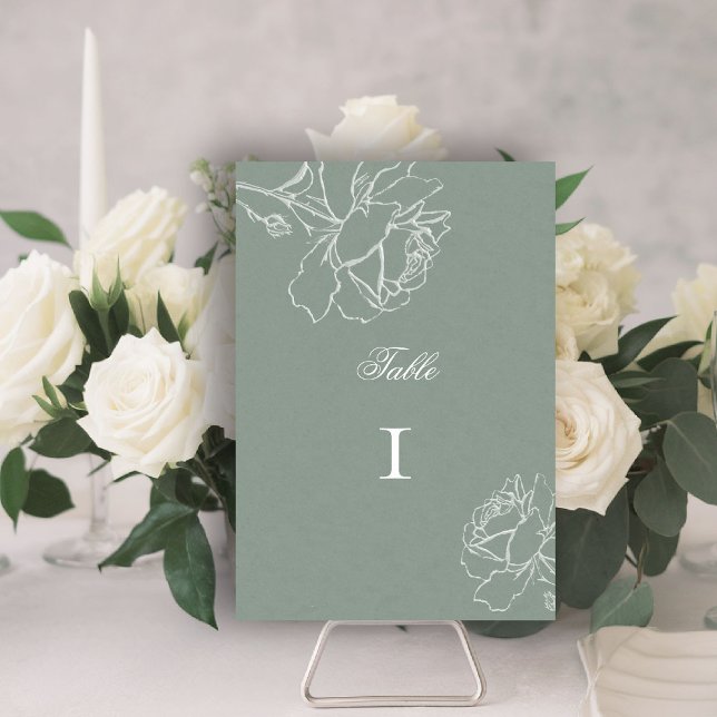 Roses Vow Sage Green Modern Classic Formal Wedding Tischnummer (sage green wedding theme table number modern classic white roses floral frame formal traditional)