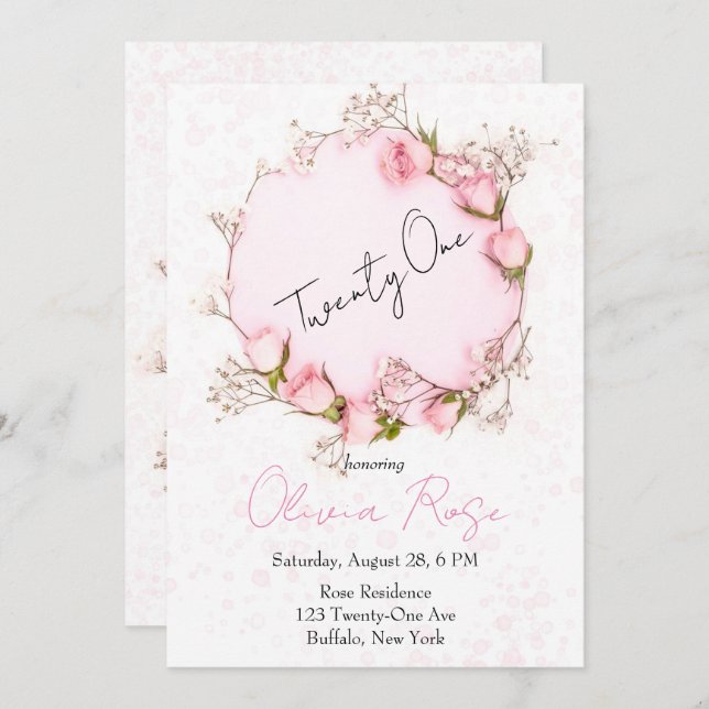 Roses Wreath Chic 21. Geburtstag Party Einladung (Vorne/Hinten)
