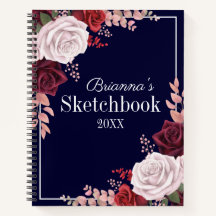 Roses Your Name Navy Blue Sketchbook