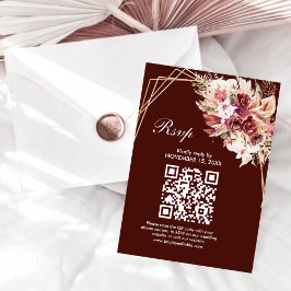 Rosewood Gold Frame QR Code Wedding RSVP Card Karte