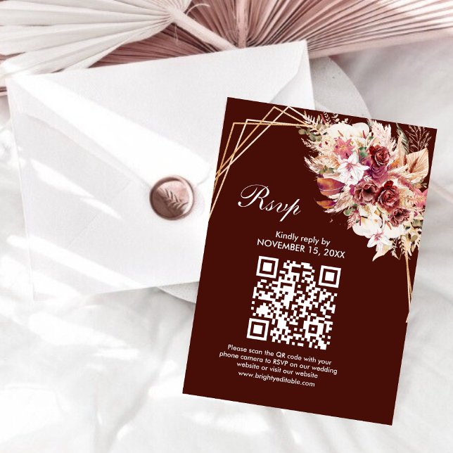 Rosewood Gold Frame QR Code Wedding RSVP Card Karte (Von Creator hochgeladen)