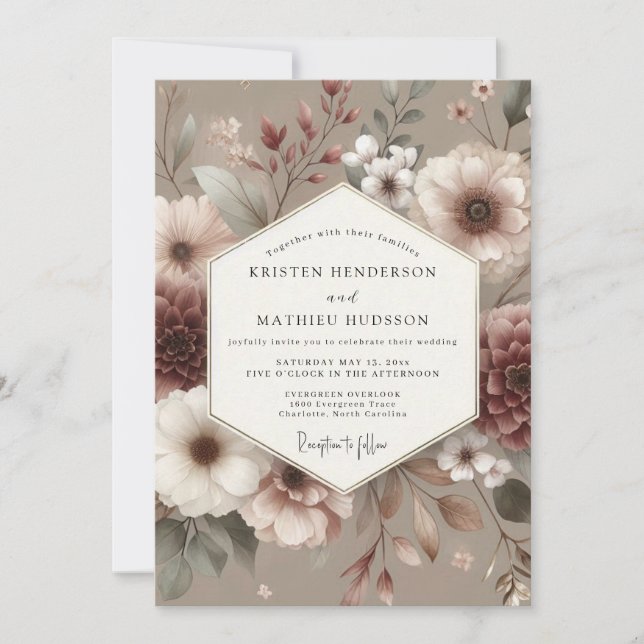 Rosewood Muted Bloom Wedding Einladung (Vorderseite)