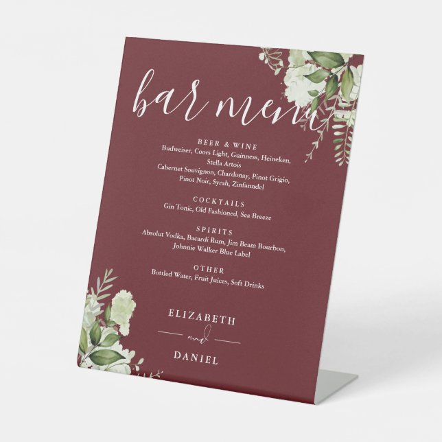 Rosewood Pink Blumengrün Hochzeitstag Bar Menu Sockelschild (Vorderseite)