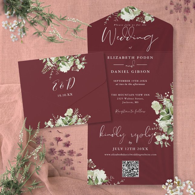 Rosewood Pink Greenerity QR Code Monogram Wedding All In One Einladung (Rosewood Pink Greenery QR Code Monogram Wedding All In One Invitation)