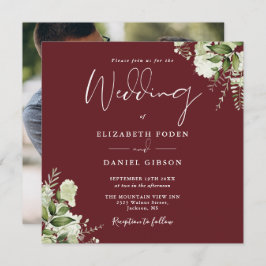 Rosewood Pink Greenery Foto Square Wedding Einladung