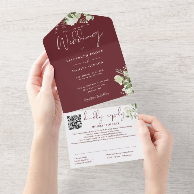 Rosewood Pink Greenery Monogram QR Code Wedding All In One Einladung (Abreißen)