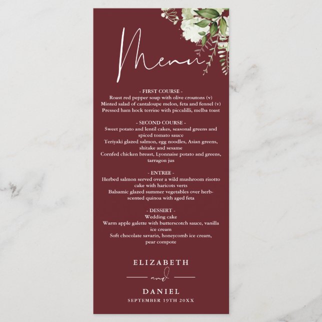 Rosewood Pink Greenery Monogram Wedding Dinner Menükarte (Vorderseite)