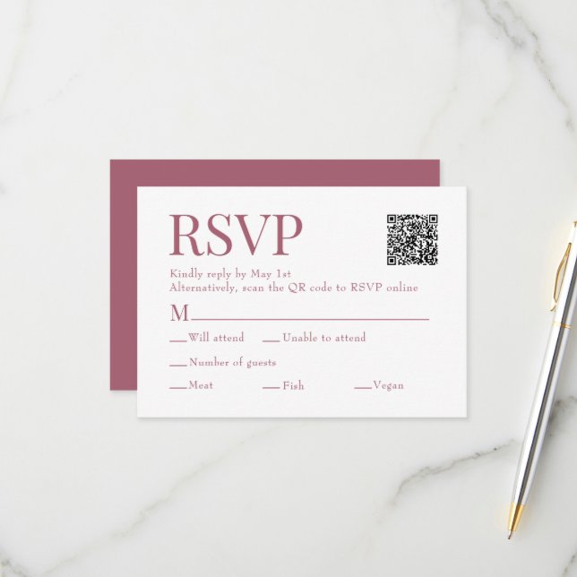 Rosewood Pink Scan Qr Code Wahl Hochzeit RSVP Karte (Vorderseite/Rückseite Beispiel)