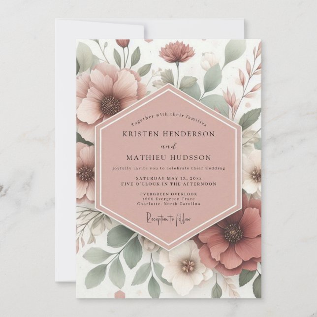 Rosewood Sage Bloom Wedding Einladung (Vorderseite)