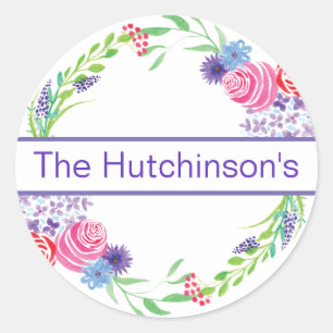 Rosey Lila Floral Wreath Name Round Stickers