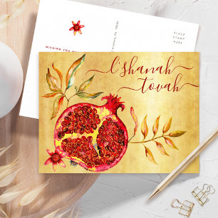 Rosh Hashanah Aquarell Roter Granatapfel auf Gold Feiertagspostkarte