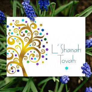 Rosh Hashanah Blau Goldfolie Baum des Lebens Moder Feiertagspostkarte