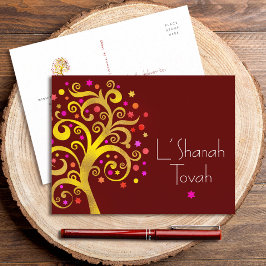 Rosh Hashanah Burgundy Gold Foil Tree of Life Bold Feiertagspostkarte
