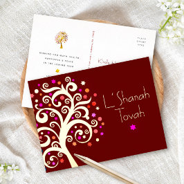 Rosh Hashanah Burgundy Red Tree of Life Real Gold Folien Feiertagspostkarte