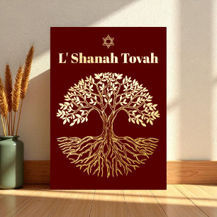 Rosh Hashanah Gold Foil Tree of Life Burgundy Folien Feiertagskarte