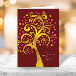 Rosh Hashanah Gold Red Foil Tree of Life, Burgund Karte