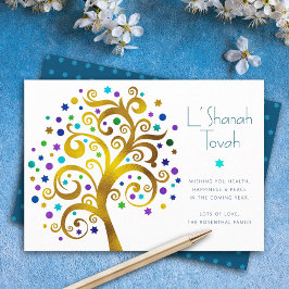 Rosh Hashanah Gold und Blue Foil Tree of Life Flat Feiertagskarte