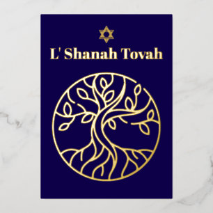 Rosh Hashanah Goldfolie Baum des Lebens Blau Folien Feiertagskarte