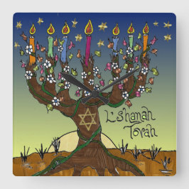 Rosh Hashanah L'Shanah Tovah Baum des Lebens Menor Quadratische Wanduhr