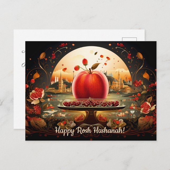 ✡️ Rosh Hashanah mit Kuppel aus Rock & Apfel Postkarte (Vorne/Hinten)