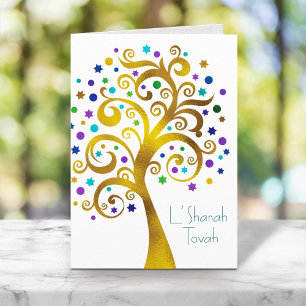Rosh Hashanah Modern Gold & Blue Foil Tree of Life Karte
