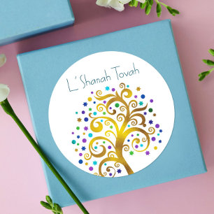 Rosh Hashanah Modern Gold Blue Foil Tree of Life Runder Aufkleber