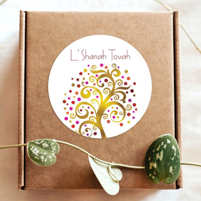 Rosh Hashanah Modern Gold Roter Wald Tree of Life Runder Aufkleber (Von Creator hochgeladen)