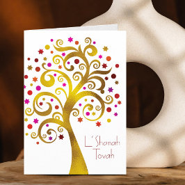 Rosh Hashanah Modern Red Gold Foil Tree of Life Karte