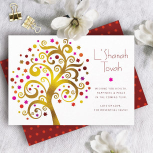 Rosh Hashanah Moderne Rot Gold Folie Lebensbaum Feiertagskarte