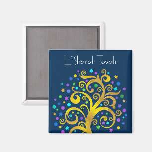 Rosh Hashanah Navy Blue Gold Tree of Life Modern Magnet