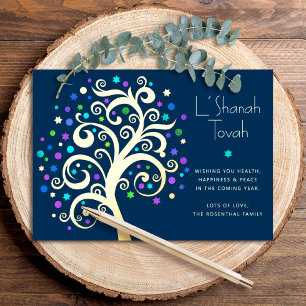 Rosh Hashanah Navy Blue Tree of Life Real Gold Folien Feiertagskarte