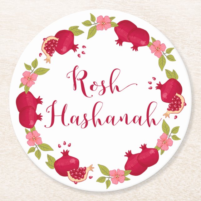Rosh Hashanah Neujahr Granatapfel Blume Wreath Runder Pappuntersetzer (Vorderseite)