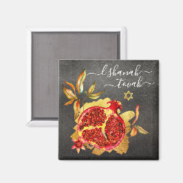 Rosh Hashanah Pomegranate Red Watercolor Gold Grau Magnet
