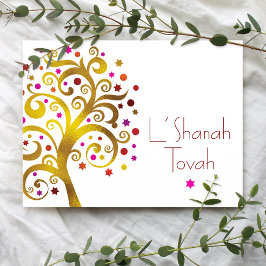 Rosh Hashanah Red Gold Foil Tree of Life Modern Feiertagspostkarte