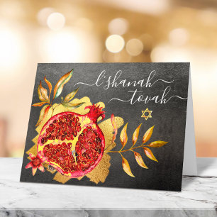 Rosh Hashanah Red Gold Pomegranate Watercolor Grau Karte