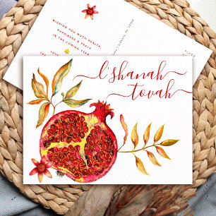 Rosh Hashanah Red Gold Watercolor Pomegranate Bold Feiertagspostkarte