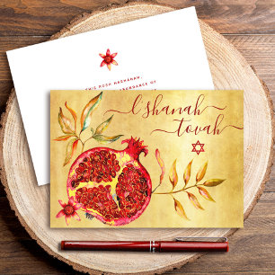 Rosh Hashanah Red Pomegranate Watercolor auf Gold Karte