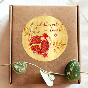Rosh Hashanah Red Pomegranate Watercolor auf Gold Runder Aufkleber