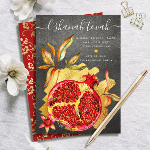 Rosh Hashanah Rot Aquarell Granatapfel Gold Grau Feiertagskarte