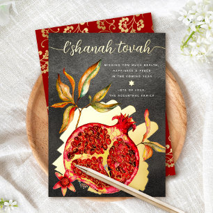 Rosh Hashanah Rotes Aquarell Granatapfel echtes Go Folien Feiertagskarte