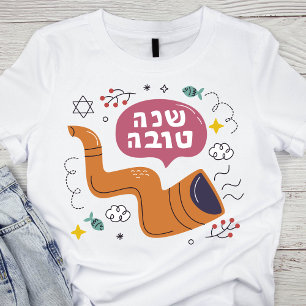 Rosh Hashanah Shofar und Symbole in lebhaften Farb T-Shirt