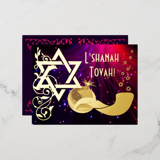 Rosh Hashanah Star Shofar Lights Real Gold Folie Einladungspostkarte (Vorderseite/Rückseite)