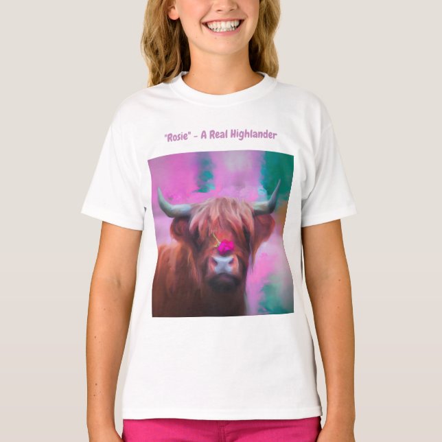 "Rosie of the Highlands" – Highland Cow Portrait T-Shirt (Vorderseite)
