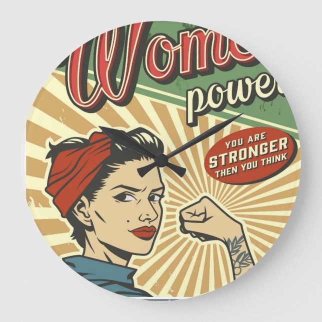Rosie Riveter, weiblicher Power Retro Design Große Wanduhr (Vorderseite)