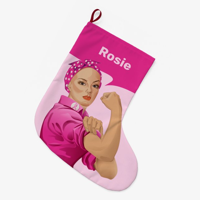 Rosie the Riveter Breast Cancer Awareness Großer Weihnachtsstrumpf (Vorderansicht (hängend))