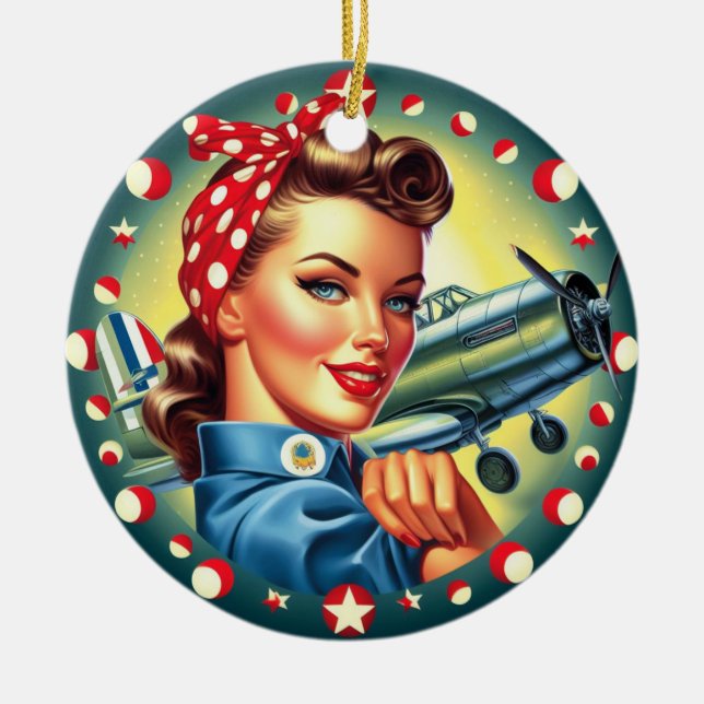 Rosie the Riveter Button-up Girl Christmas Ornamen Keramik Ornament (Vorne)