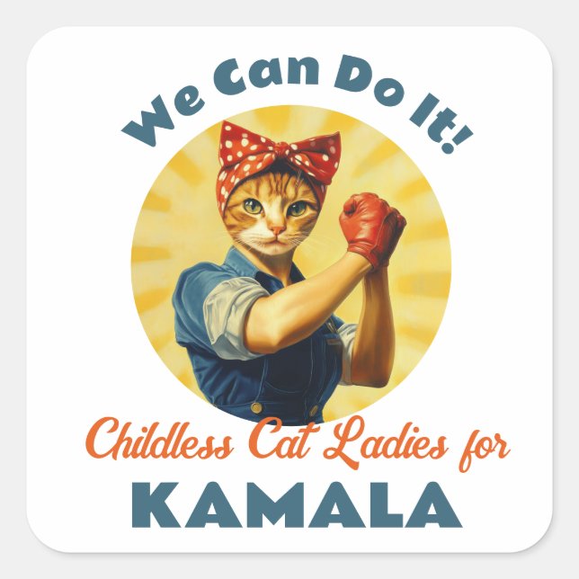 Rosie The Riveter Cat Ladys for Kamala Harris Quadratischer Aufkleber (Vorderseite)
