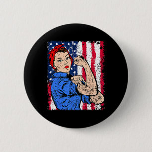 Rosie The Riveter Feminist Patriotic Usa Flag 4. Button